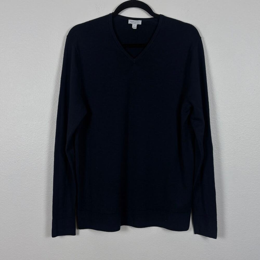 Sunspel Navy Knit Marino Wool V Neck Quiet Luxury Sweater Large